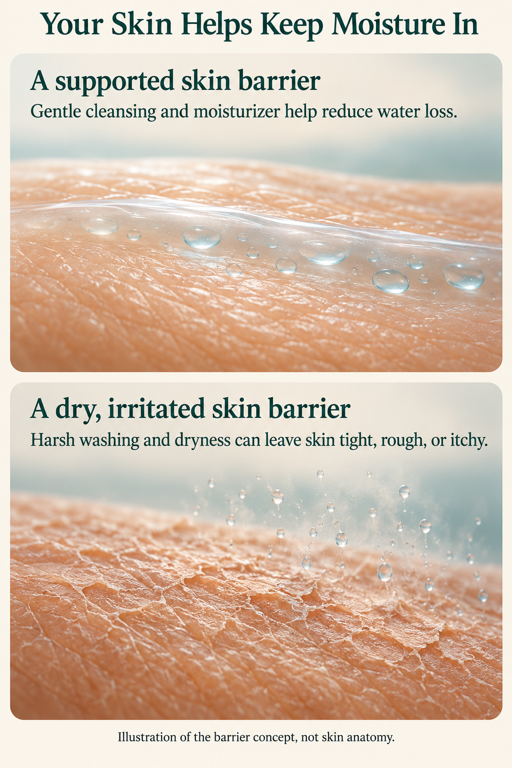 Conceptual illustration comparing a supported skin barrier that retains moisture with dry, irritated skin that loses moisture more easily.