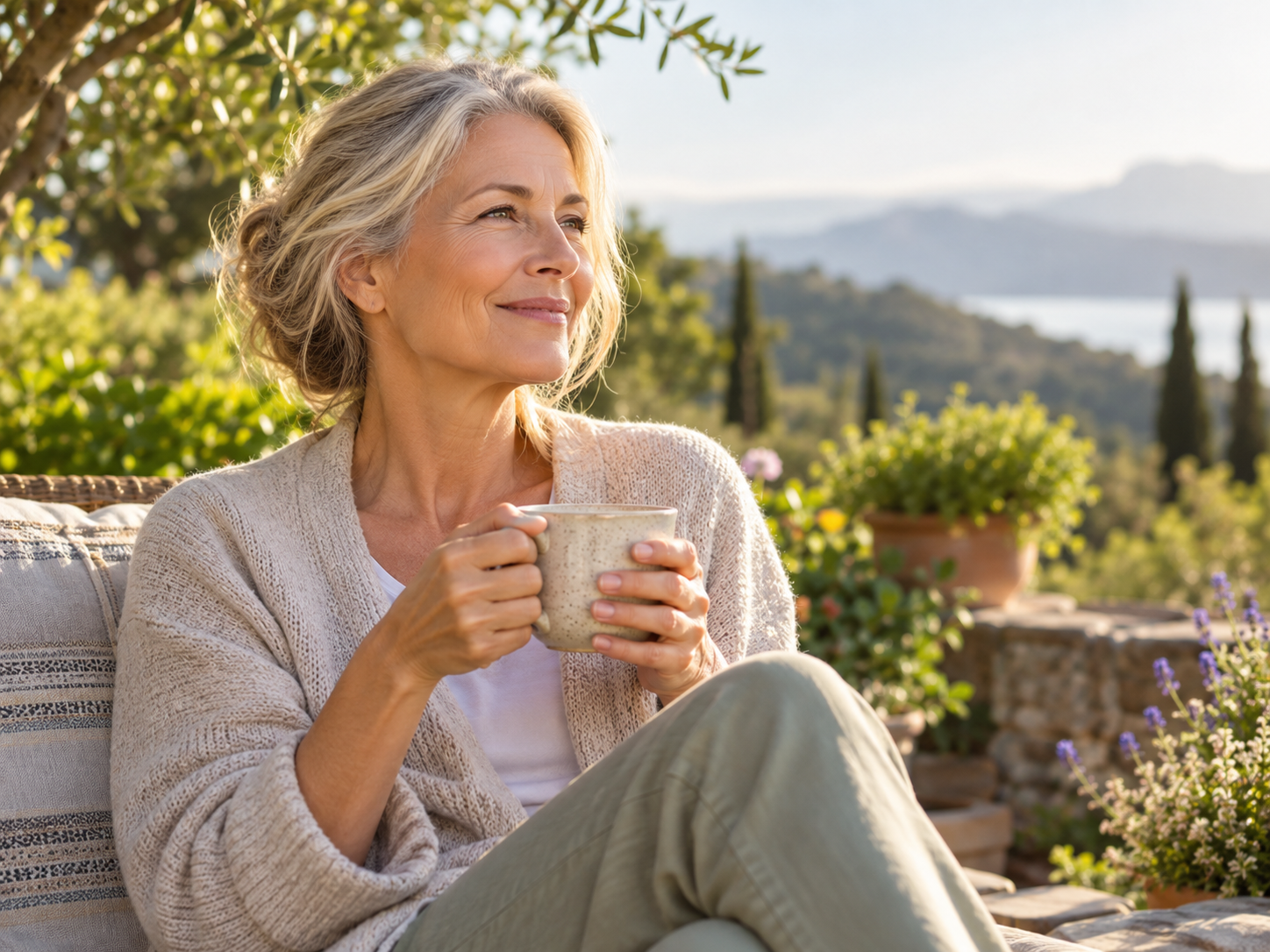 Older woman relaxing outdoors in morning light, representing healthy stress regulation and recovery.