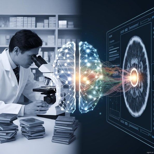 Physician reviewing medical images beside a digital AI interface used to support diagnostic research