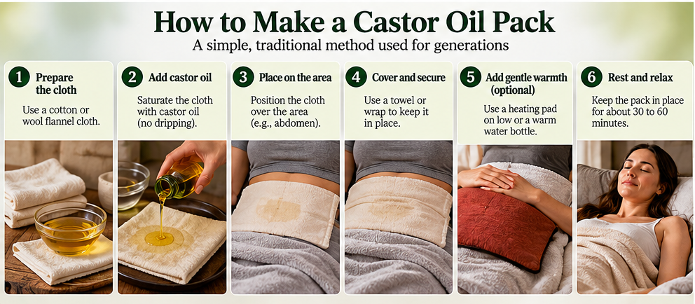 Six-step infographic showing how to prepare and use a castor oil pack with oil-soaked cloth and gentle warmth.