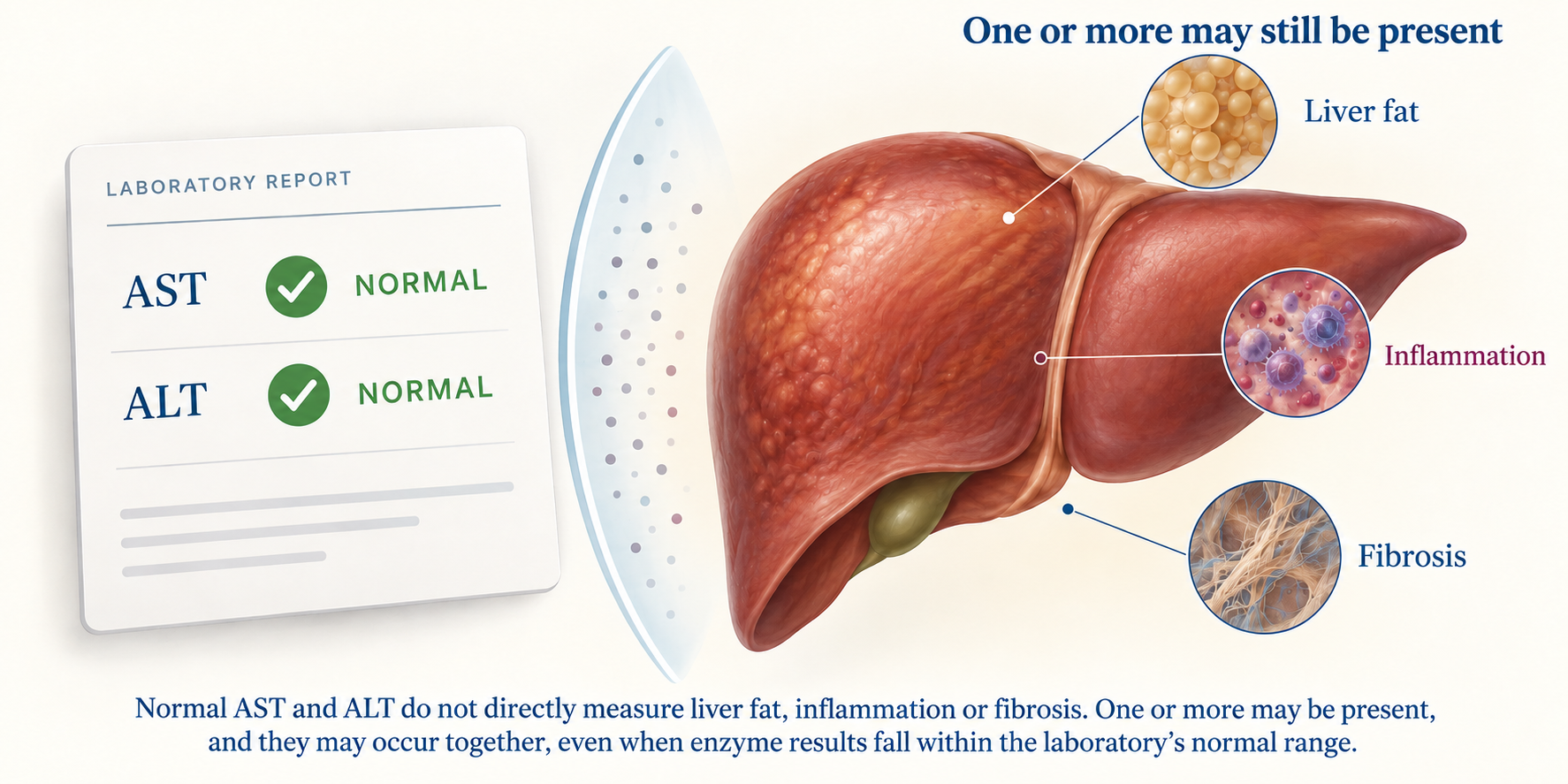 Normal AST and ALT laboratory results beside a liver with magnified views of liver fat, inflammation and fibrosis, showing that one or more may still be present despite normal enzyme results.