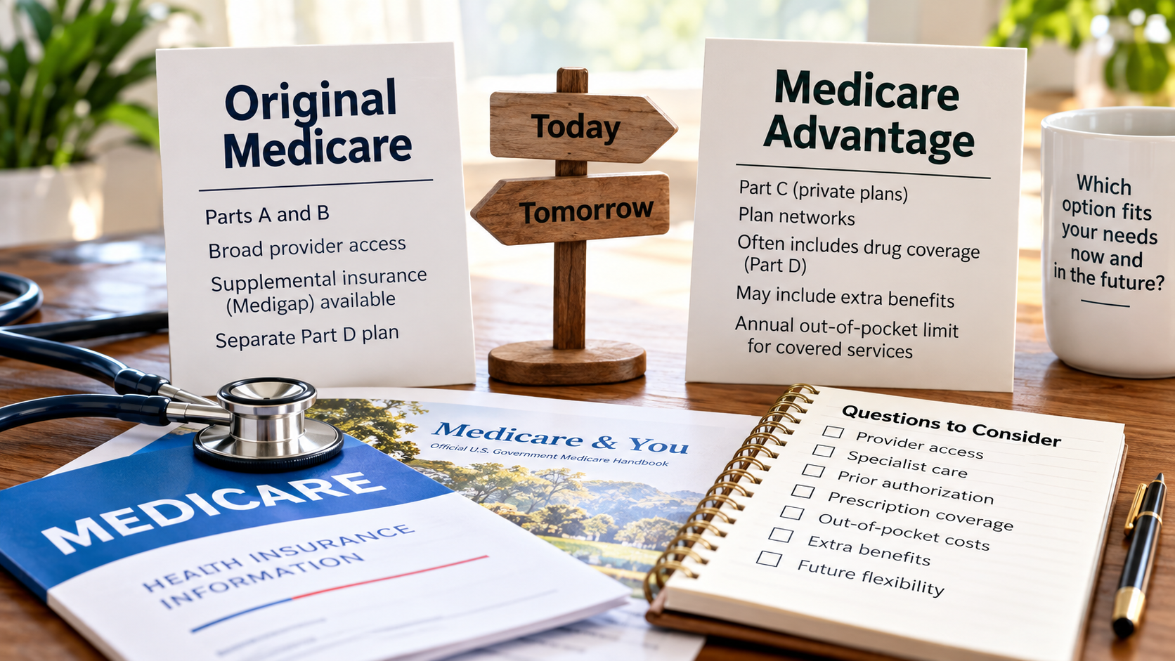 Original Medicare and Medicare Advantage comparison cards displayed beside a Medicare handbook and checklist highlighting provider access, coverage, costs, and future flexibility.
