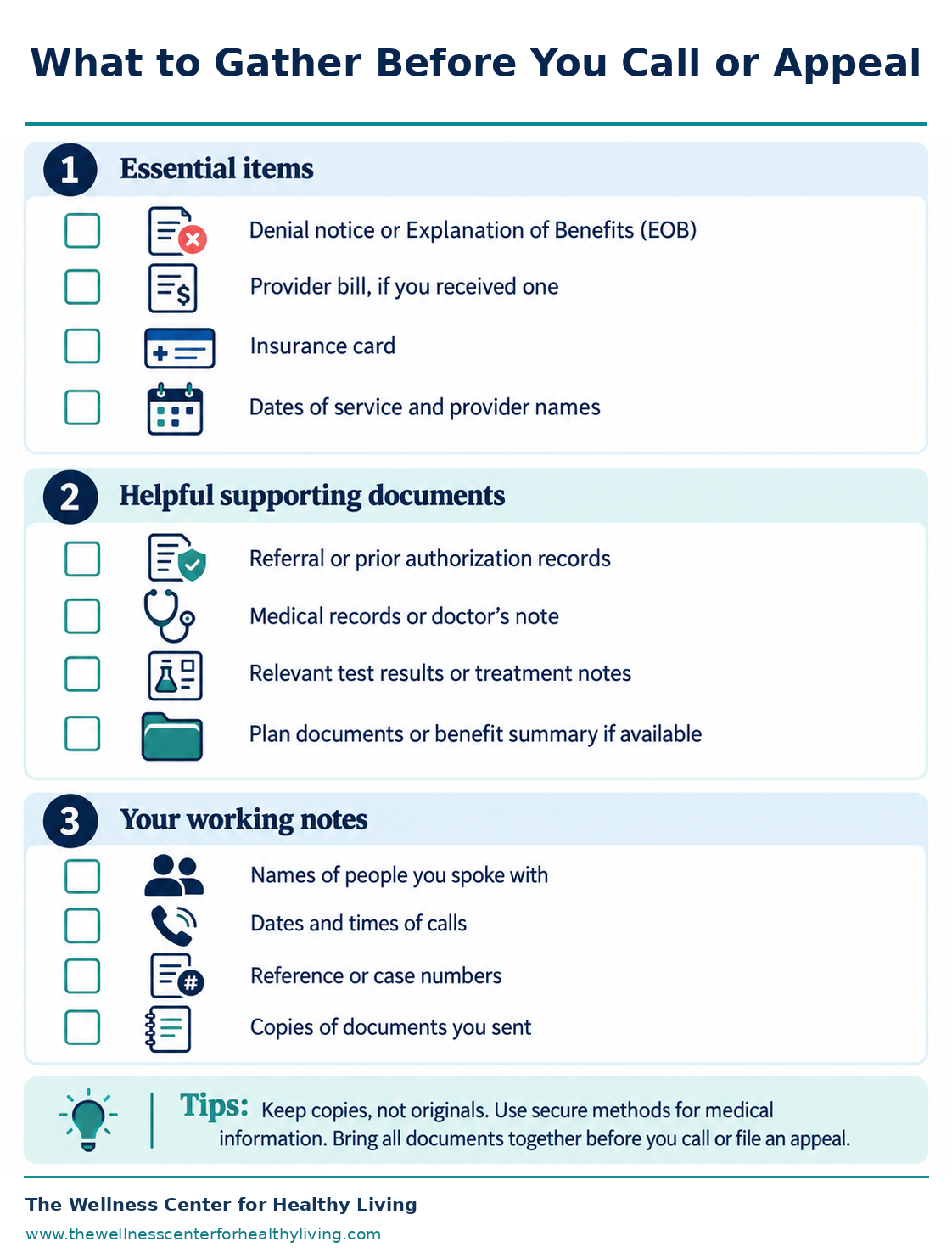 Preparation checklist covering denial notices, insurance information, medical documentation, billing records, communication logs, and proof of submissions.