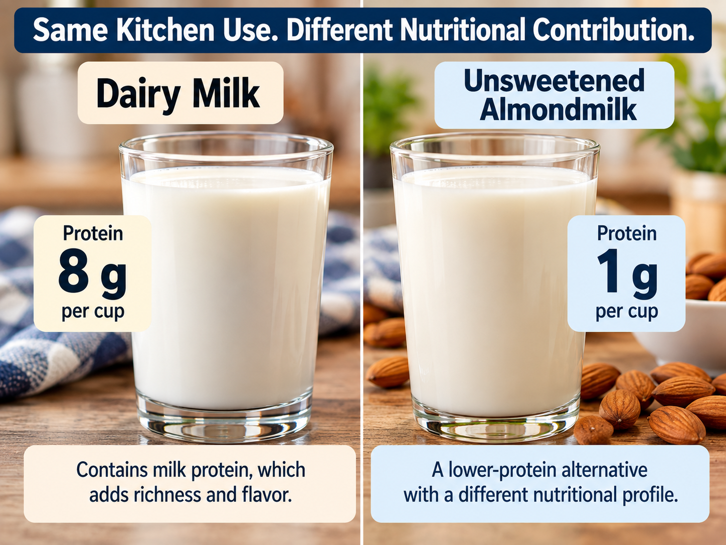 Side-by-side glasses of dairy milk and unsweetened almondmilk showing 8 grams of protein per cup for dairy milk and 1 gram per cup for almondmilk.