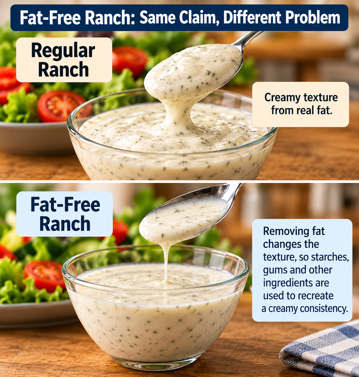 Regular ranch dressing compared with fat-free ranch, showing the creamy texture of regular dressing and the use of starches, gums and other ingredients to help recreate texture in the fat-free version.
