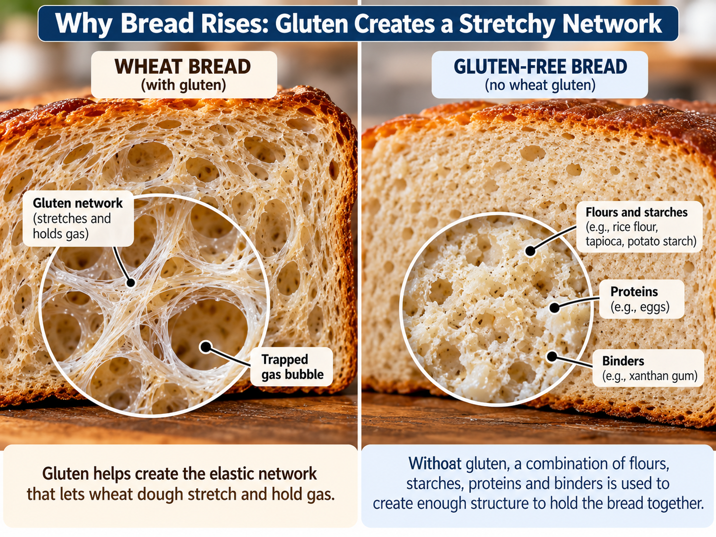 Comparison of wheat and gluten-free bread structure showing the gluten network trapping gas in wheat dough and multiple ingredients helping create structure in gluten-free bread.