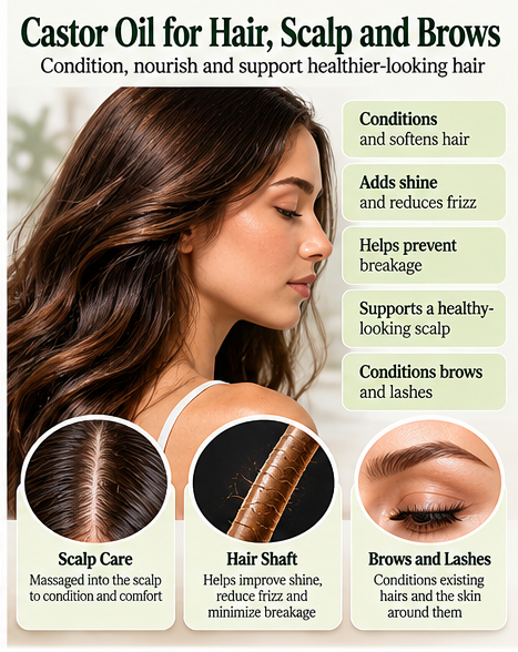 Infographic showing castor oil use for scalp conditioning, hair shine, reduced breakage and eyebrow care.