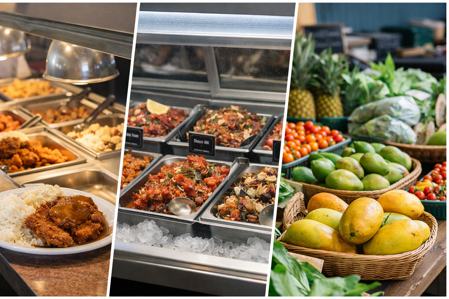 Everyday Hawaiʻi foods including a plate lunch counter, fresh poke display, and locally grown produc