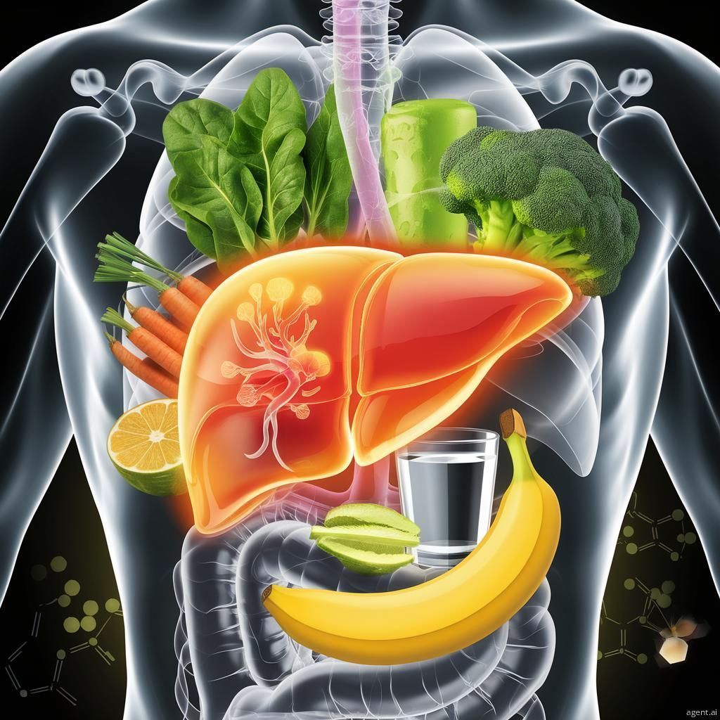 Illustration of a liver with a glowing aura, surrounded by fruits, vegetables, and a glass of water.