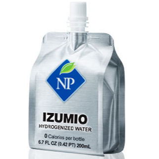 IZUMIO Hydrogenized Water Silver pouch of IZUMIO Hydrogenized Water with blue logo and white cap; 0 calories, 6.7 fl oz.