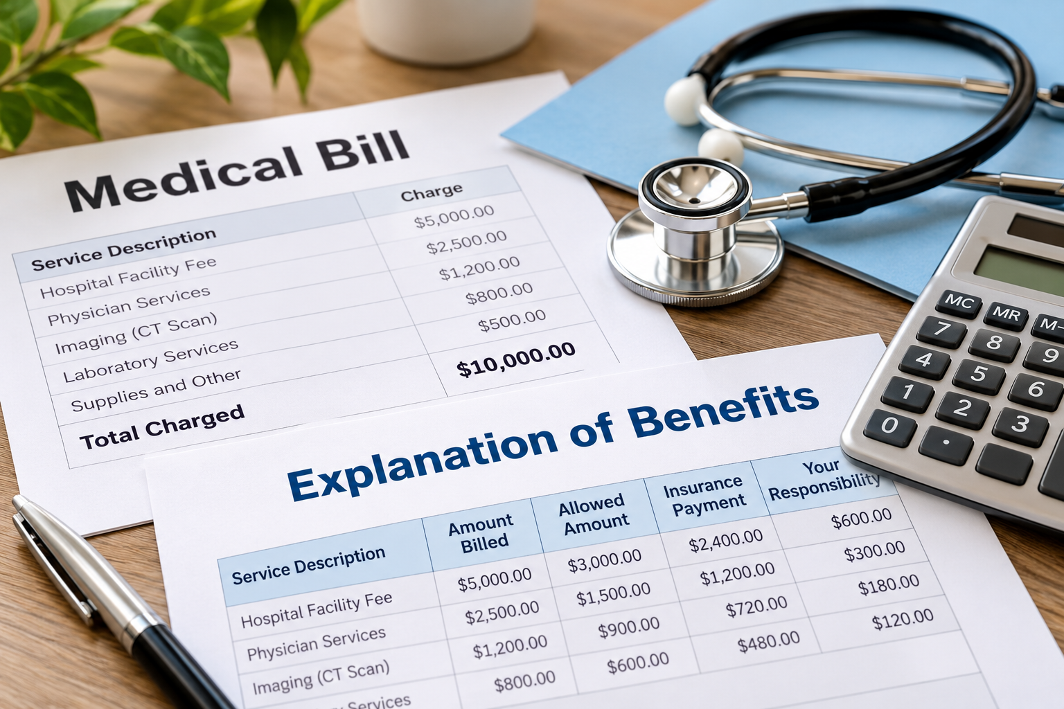 Medical bill and Explanation of Benefits displayed beside a calculator and stethoscope, illustrating the differences between provider charges, insurance payments, and patient responsibility.