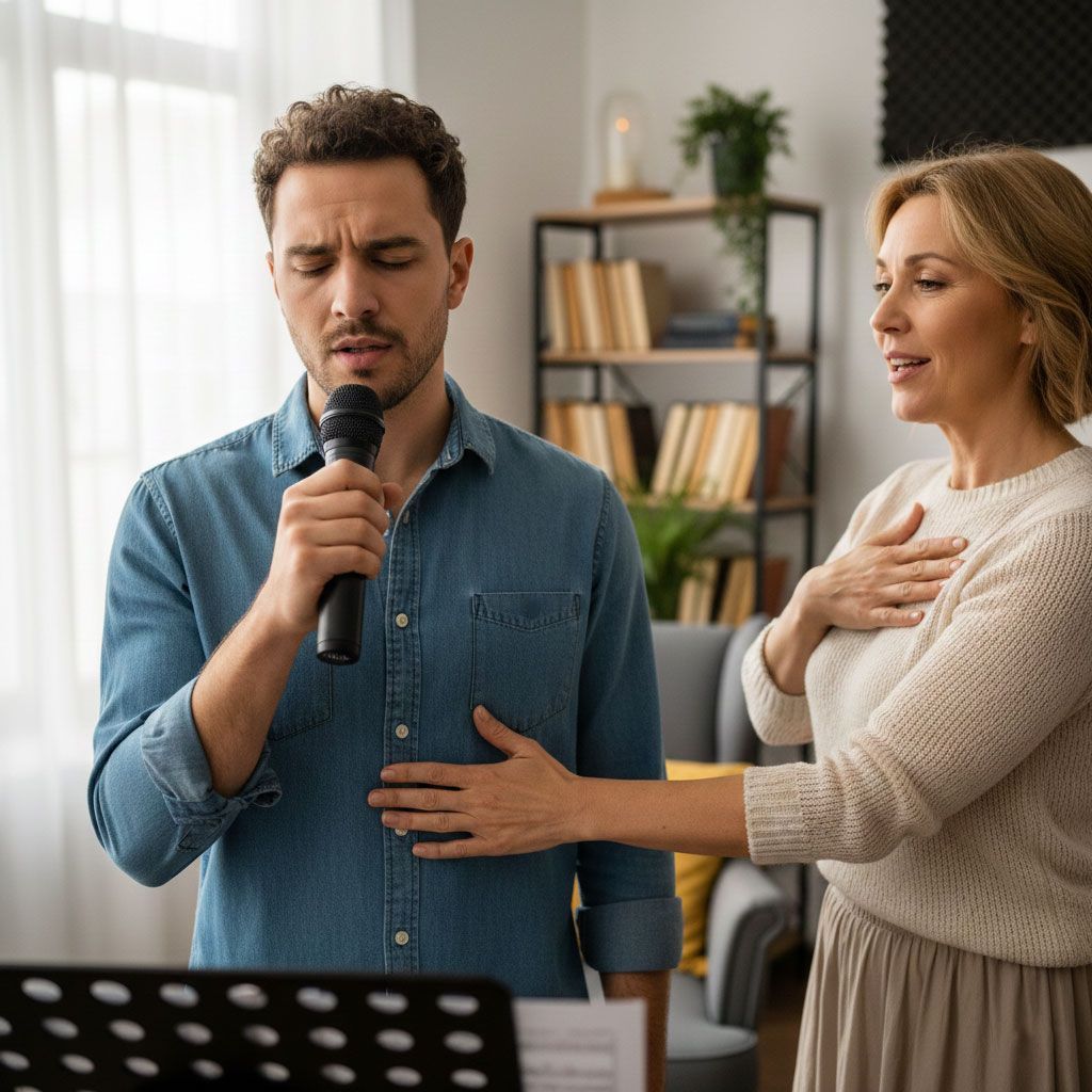 Man singing into a microphone as woman guides his hand on his stomach, in a room with a bookshelf.