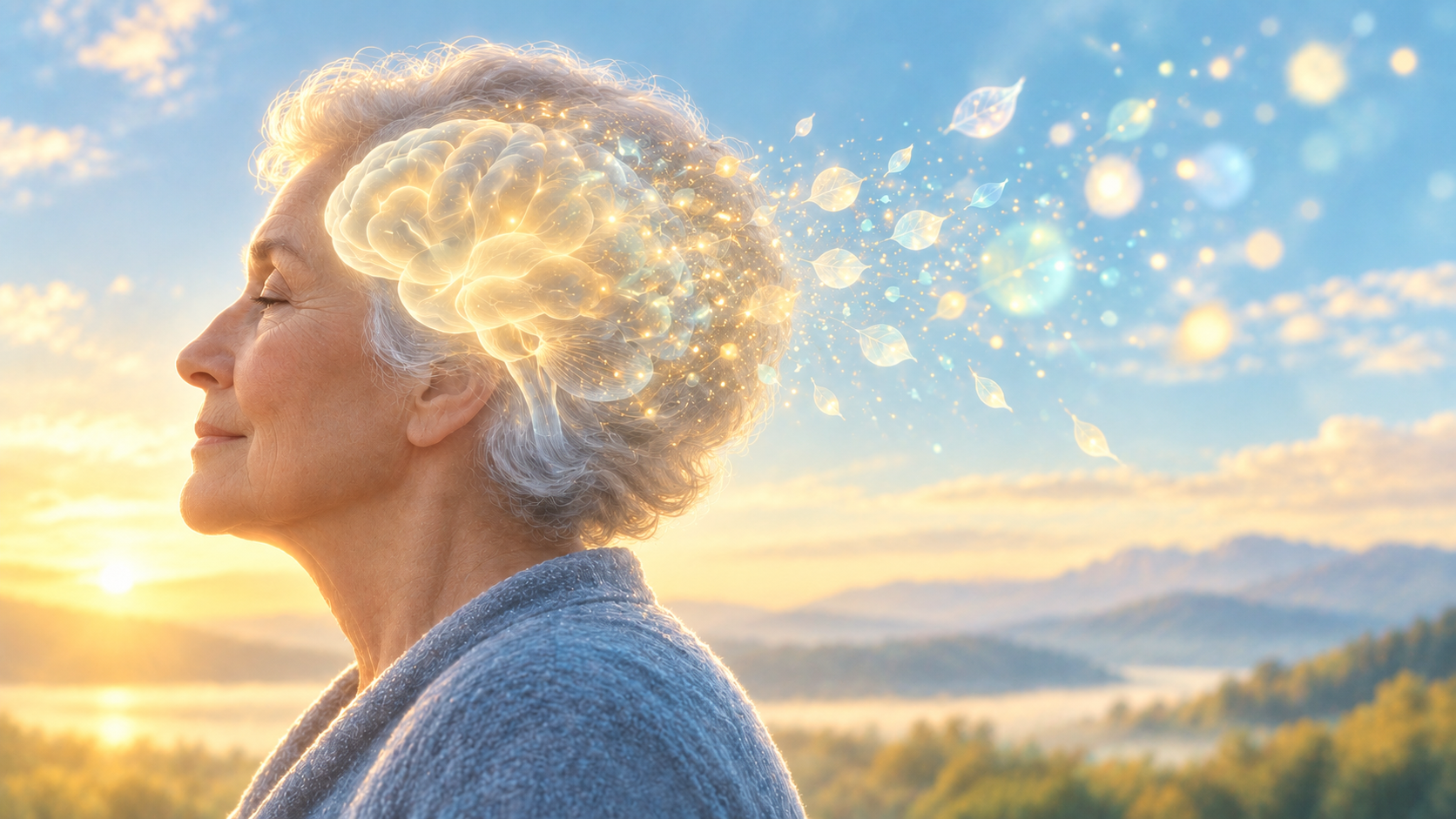 Older woman in profile with an illuminated brain gradually fading into soft fragments of light behin