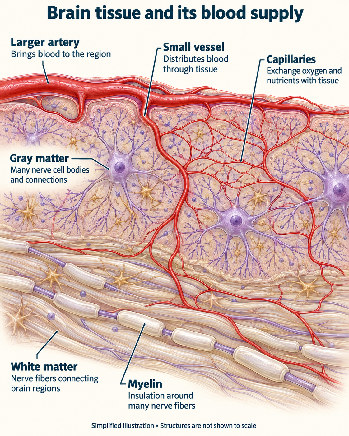 Simplified brain tissue diagram showing a larger artery branching into small vessels and capillaries, nerve cell bodies in gray matter, and connecting nerve fibers with myelin insulation in white matter.
