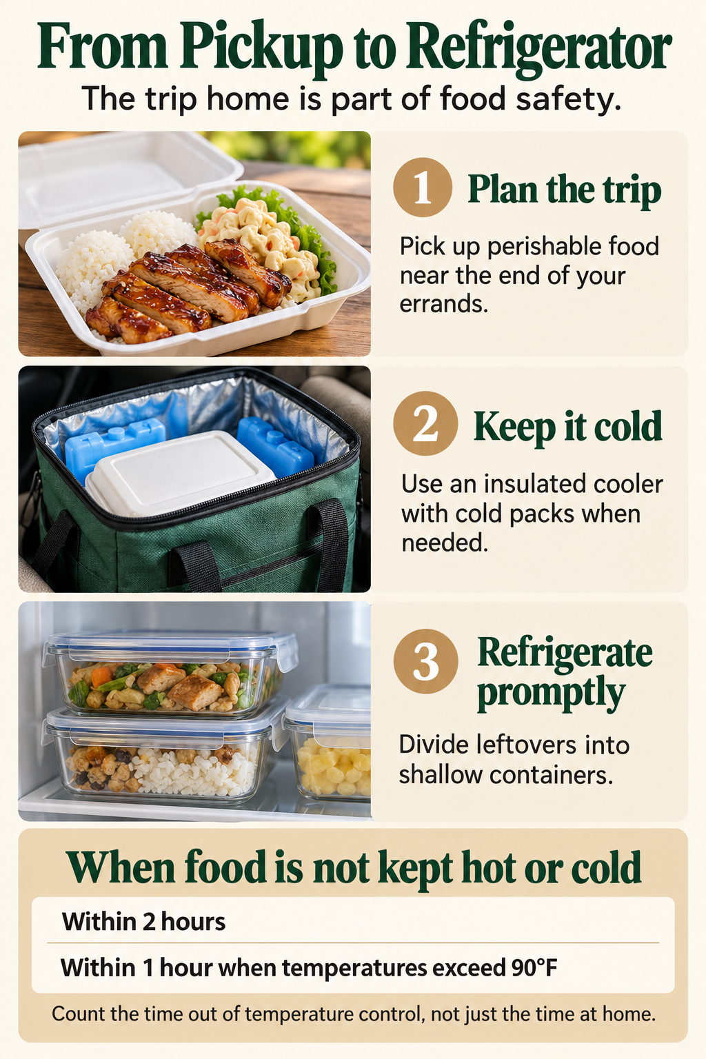 Hawai‘i takeout food-safety graphic showing planned pickup, an insulated cooler with cold packs, shallow storage containers, and two-hour or one-hour refrigeration limits.