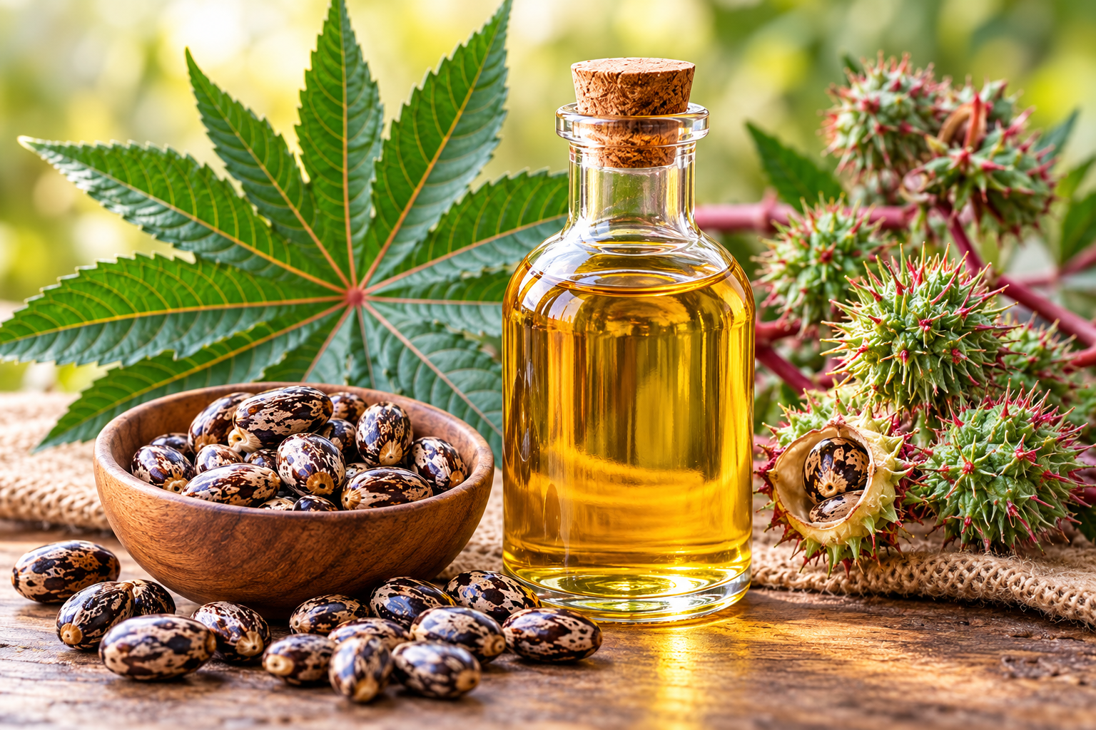 Glass bottle of golden castor oil beside castor beans, leaves and seed pods.