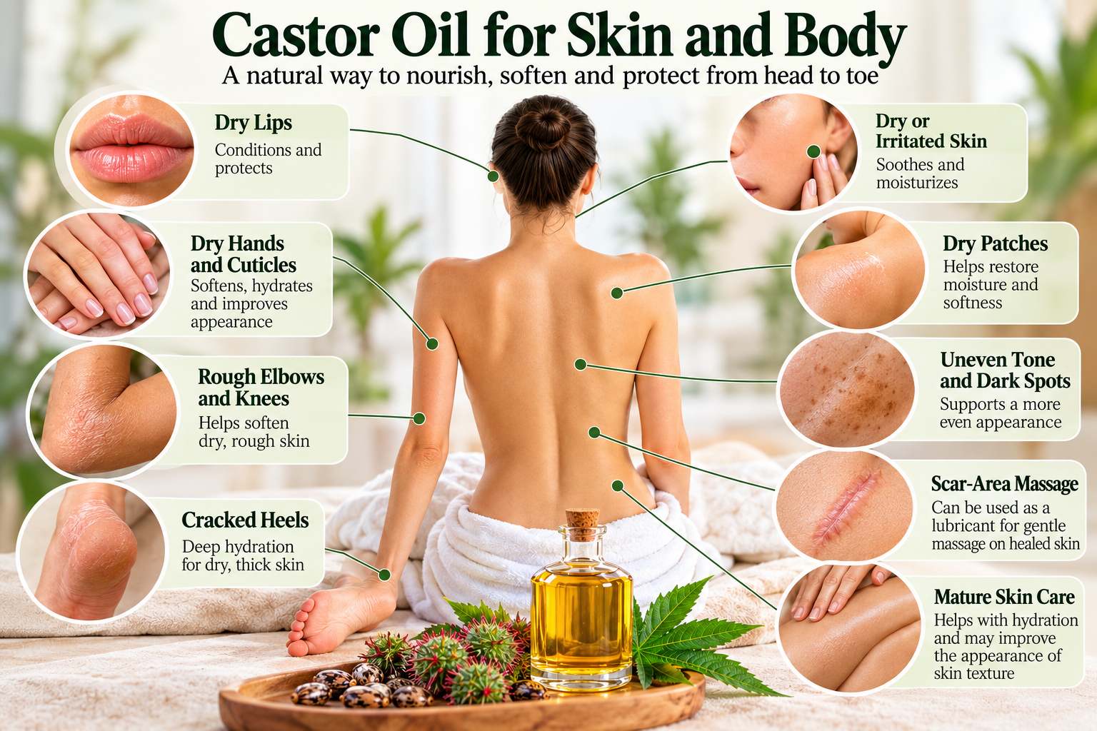 Infographic showing common castor oil uses for lips, hands, cuticles, elbows, knees, heels, dry patches and skin care.