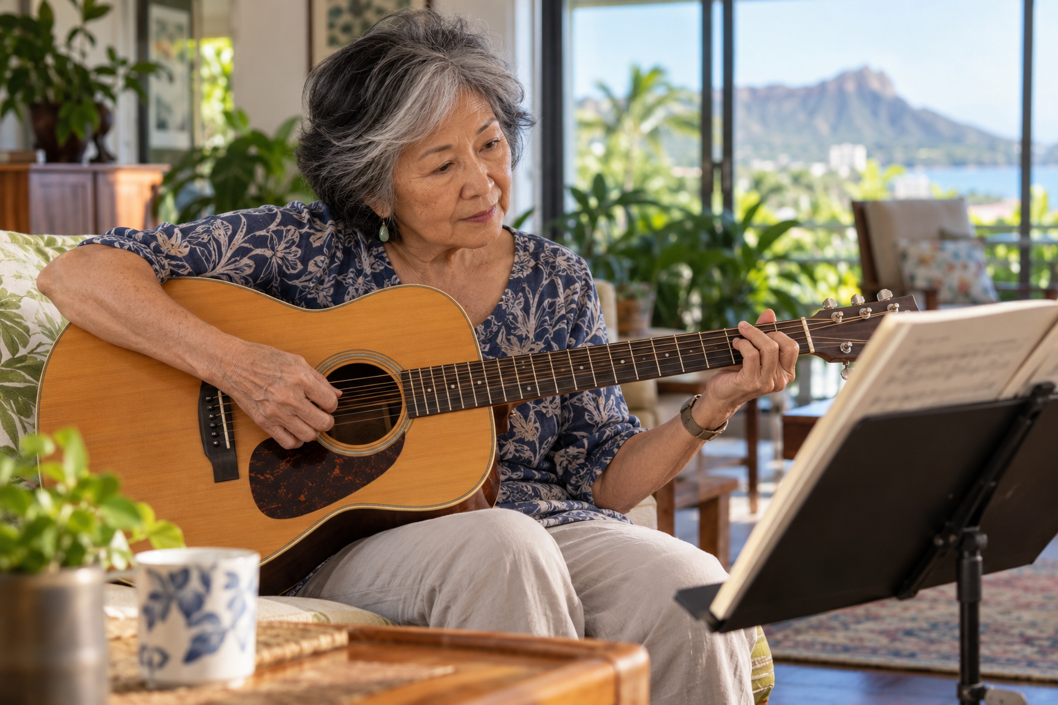 Older woman practicing acoustic guitar while reading sheet music in a sunlit room.