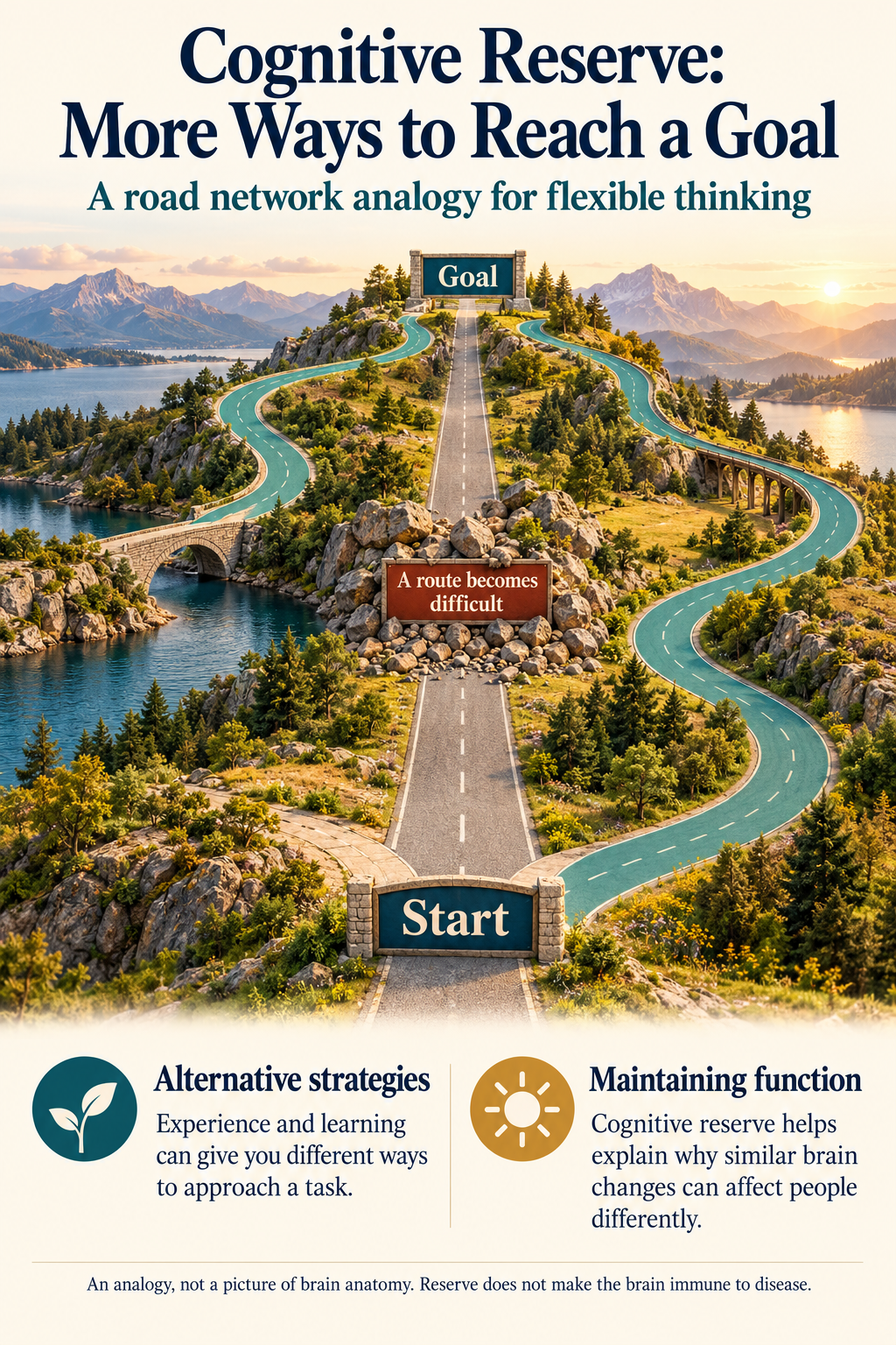 Road network analogy showing a blocked direct route and alternative routes connecting the same starting point and goal, illustrating flexible approaches to thinking.
