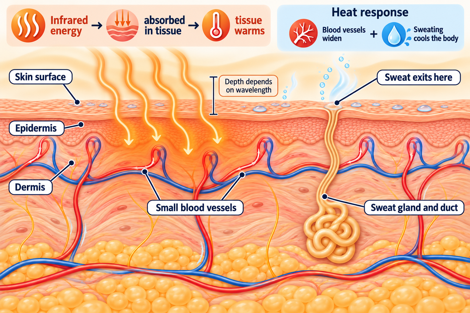 Diagram of skin layers showing infrared energy absorbed in tissue and converted to heat. Labels identify the skin surface, epidermis, dermis, small blood vessels, sweat gland and duct, and sweat exit.