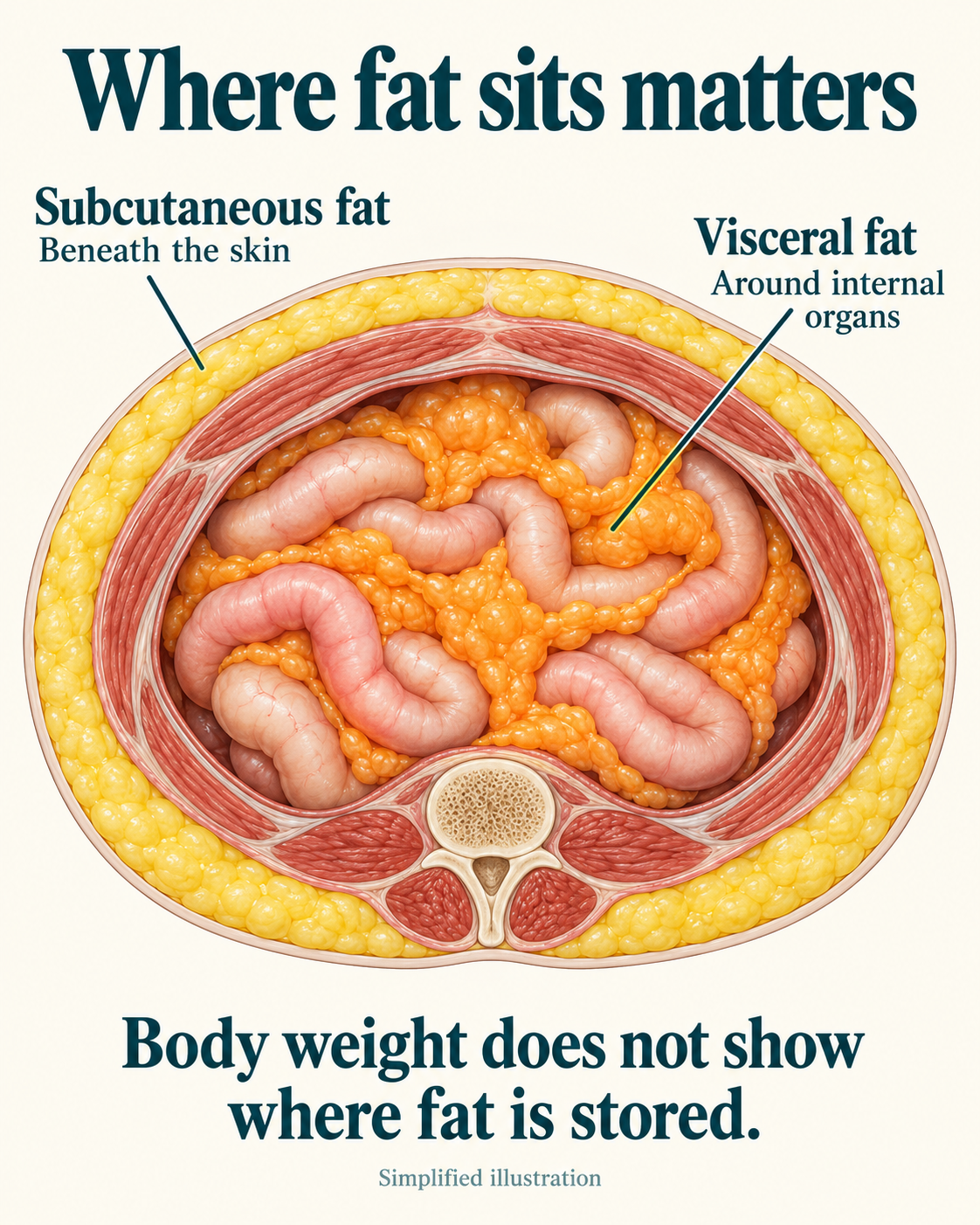 Simplified abdominal cross-section showing subcutaneous fat beneath the skin and visceral fat around the intestines, inside the abdominal muscle wall.
