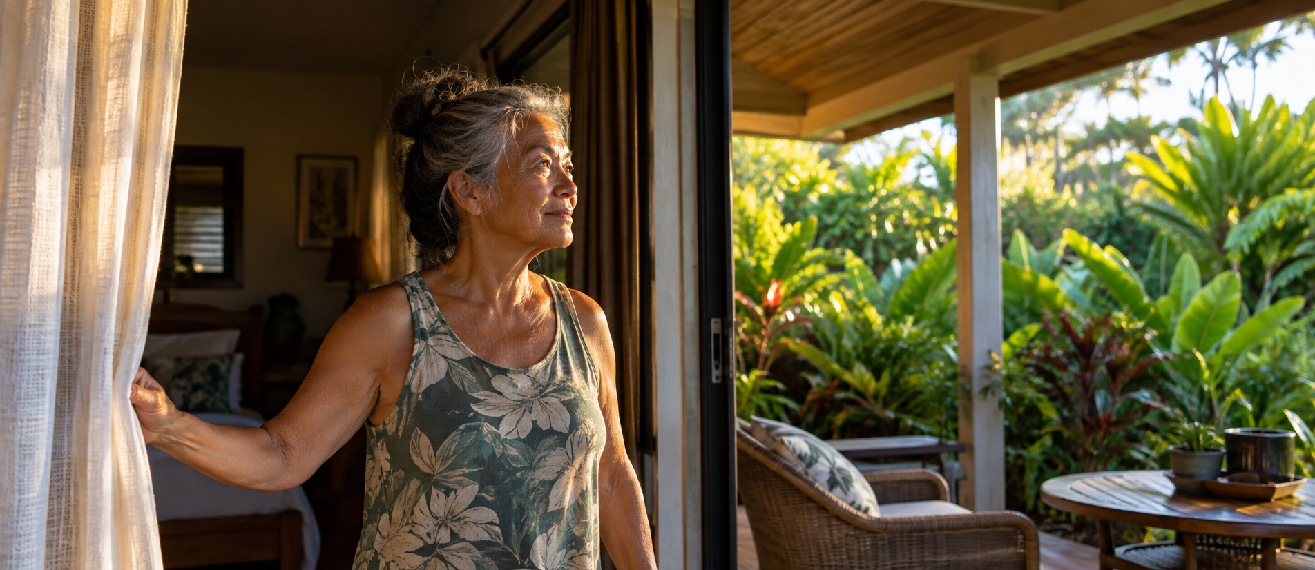Older woman in Hawaiʻi opening curtains after waking to support alertness, circadian timing and heal