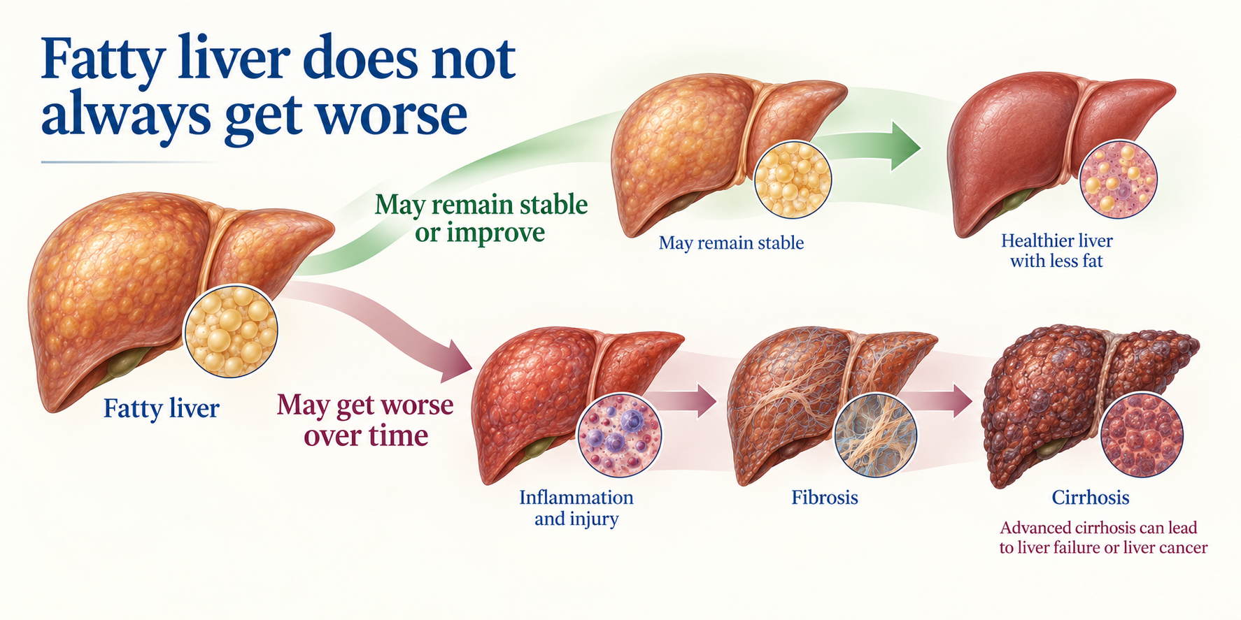 Fatty liver may remain stable or improve, or get worse over time through inflammation and injury, fibrosis and cirrhosis. Advanced cirrhosis can lead to liver failure or liver cancer.