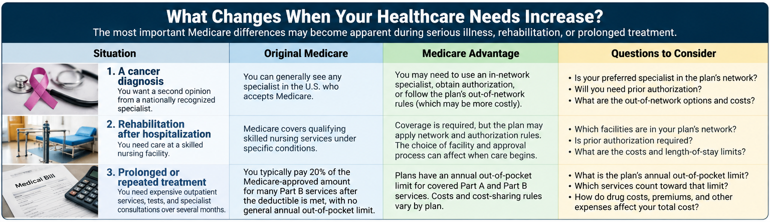 Three hypothetical situations comparing specialist access, rehabilitation authorization, and financial exposure under Original Medicare and Medicare Advantage, with practical questions for evaluating each option.