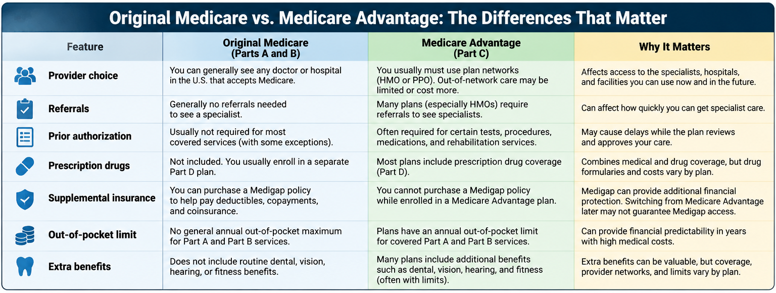 Side-by-side comparison of Original Medicare and Medicare Advantage showing provider choice, referrals, prior authorization, prescription coverage, supplemental insurance, out-of-pocket limits, and extra benefits.