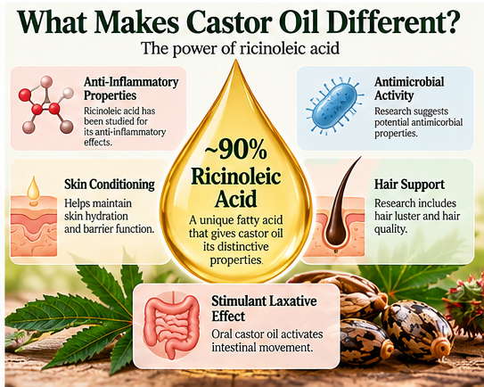 Infographic showing that ricinoleic acid makes up about 90 percent of the fatty acids in castor oil and contributes to its distinctive properties.