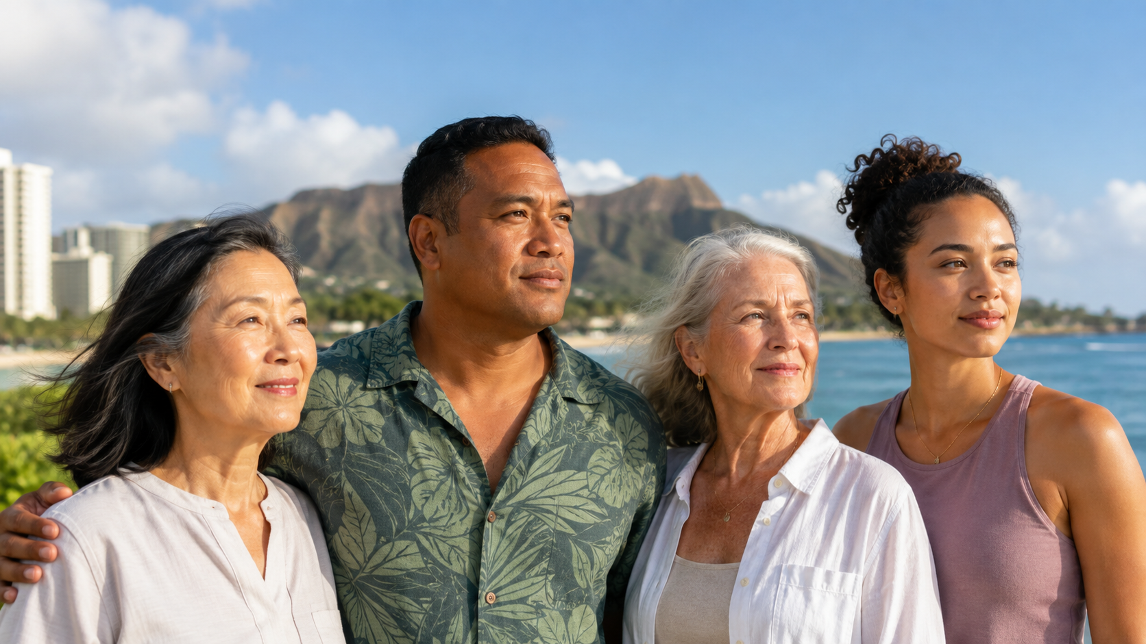 Diverse Hawaiʻi residents with different skin tones standing near the ocean with Diamond Head in the