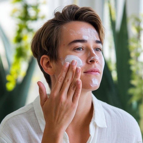 Person applying white cream to their cheek, with more cream visible on their forehead, nose, and chi