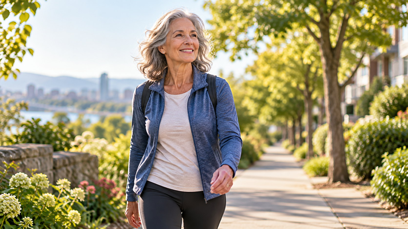 Older woman walking confidently along a tree-lined path, representing mobility, independence and the ability to stay engaged in everyday life as we age.