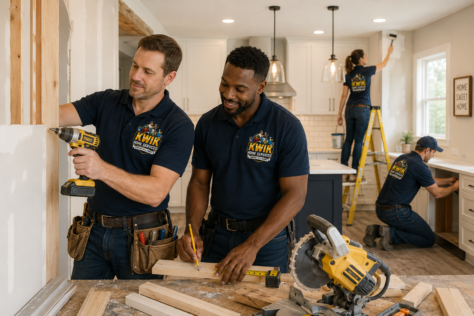 Contractors in navy shirts measuring wood in a bright kitchen renovation.