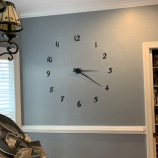 Wall clock numbers on a gray living room wall above white chair rail molding.