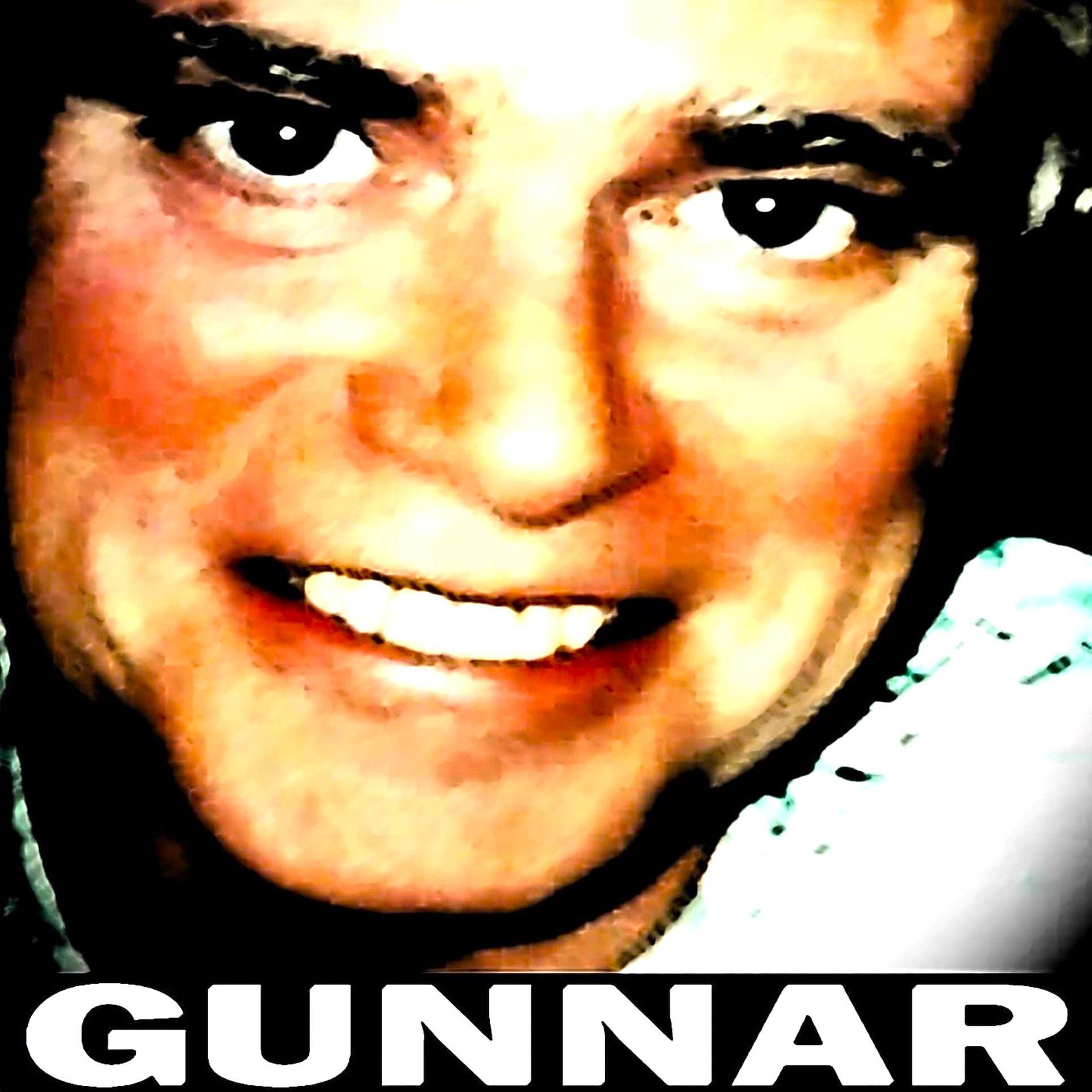 A close up of a person 's face with the name gunnar on the bottom