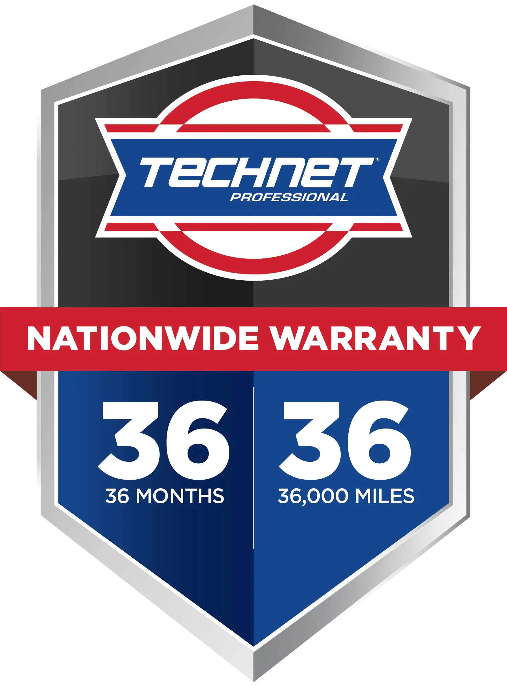 TechNet Nationwide Warranty badge with 36 months or 36,000 miles coverage on red, blue, and silver shield