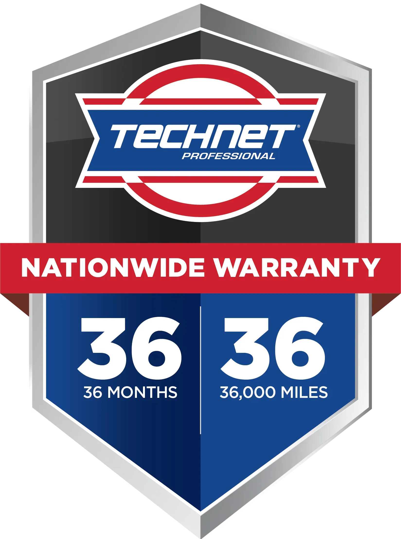 TechNet Nationwide Warranty badge, blue and red shield, 36 months/36,000 miles