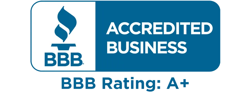 BBB Accredited Business badge with blue logo and text, “BBB Rating: A+”