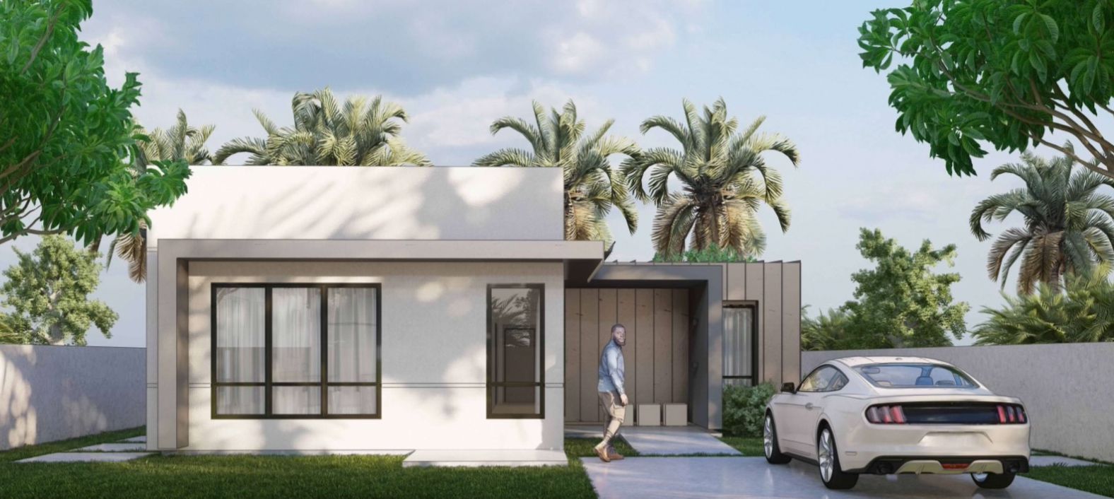 Modern home with white exterior, a car in the driveway, and a person walking towards the front door.
