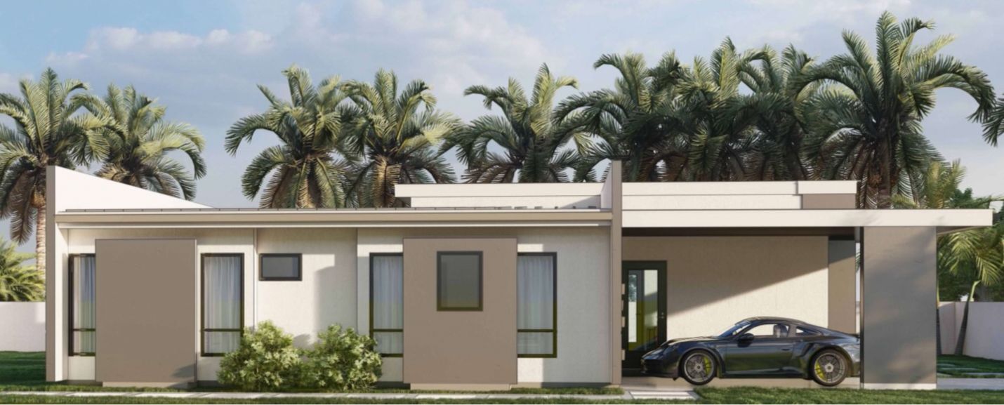 Modern home with car parked under a carport, framed by palm trees under a cloudy sky.