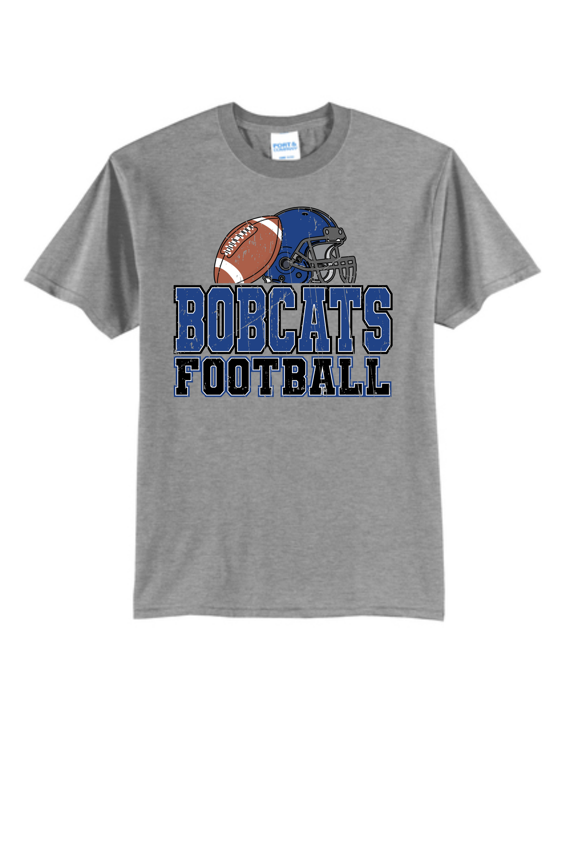 A grey t-shirt featuring a blue football helmet, a brown football, and the text 