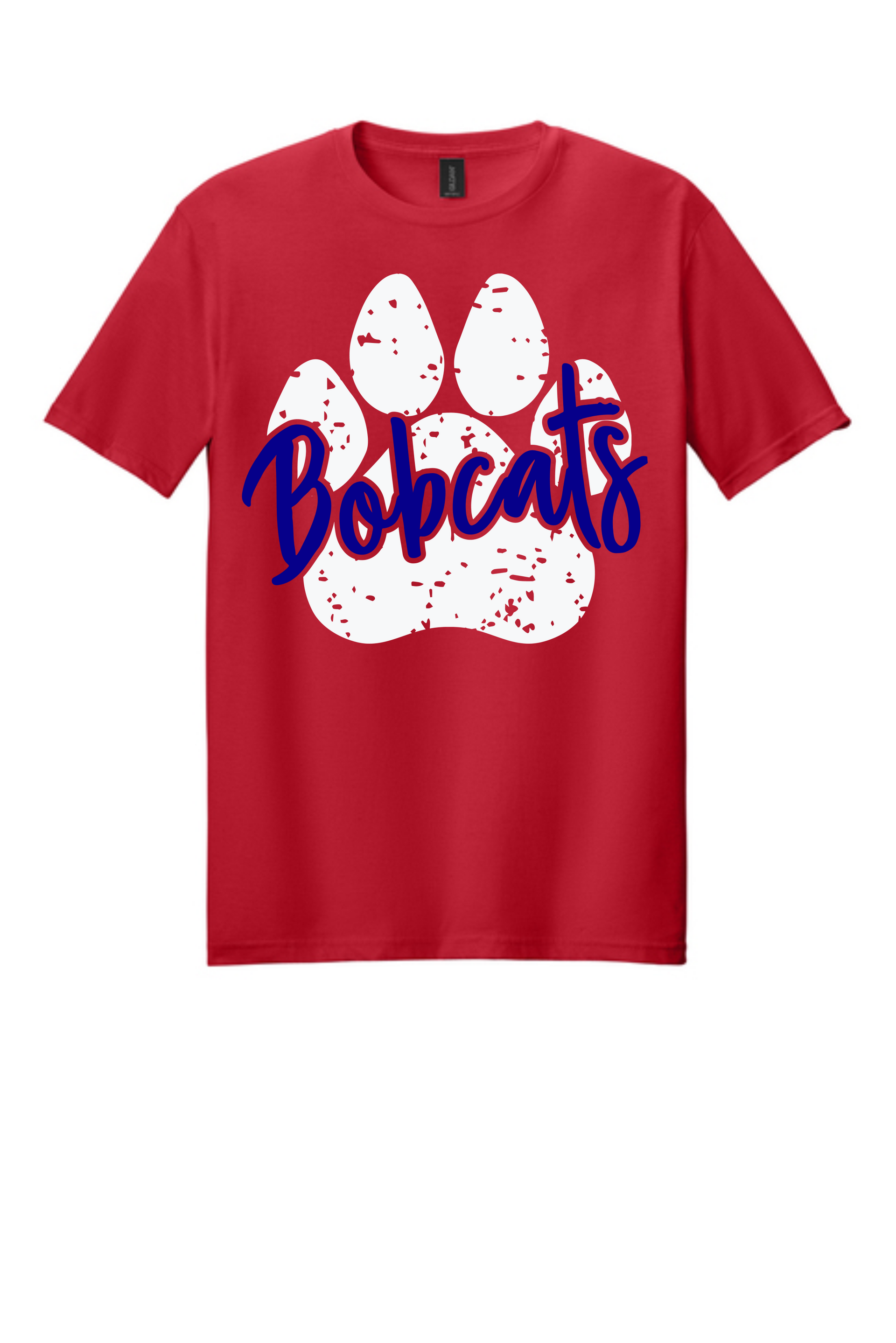 A red t-shirt featuring a large white distressed paw print graphic with the word 