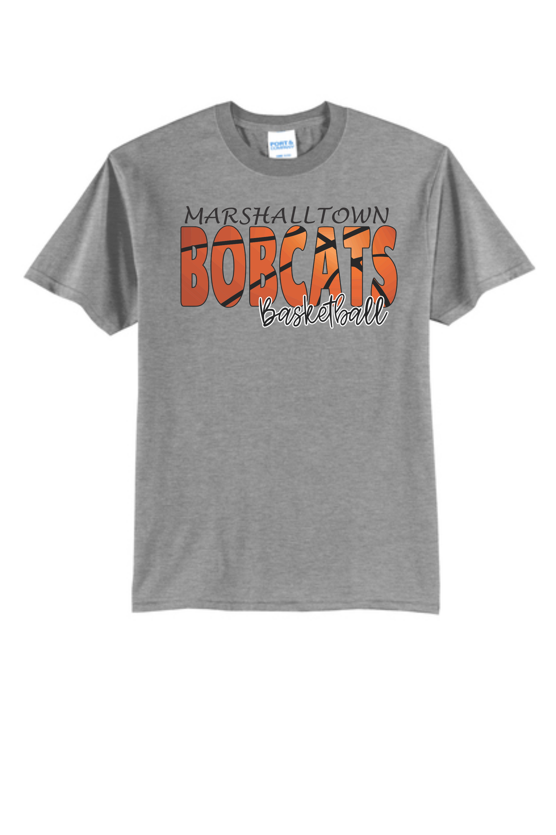 A grey t-shirt featuring the orange basketball-textured text 