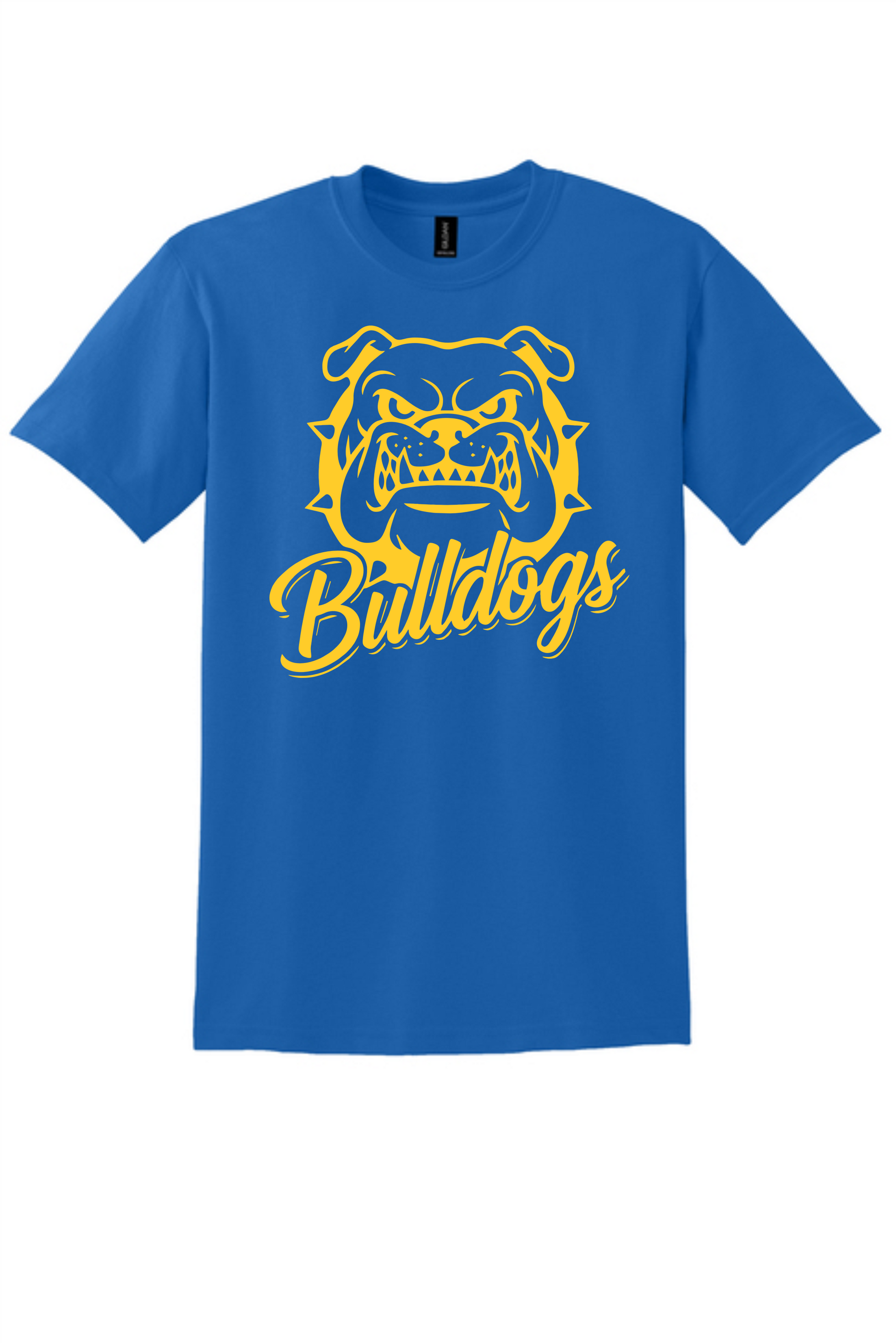 Blue t-shirt featuring a yellow graphic of a bulldog's head and the word 