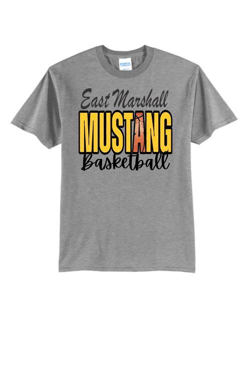 A grey crew-neck T-shirt with the text 