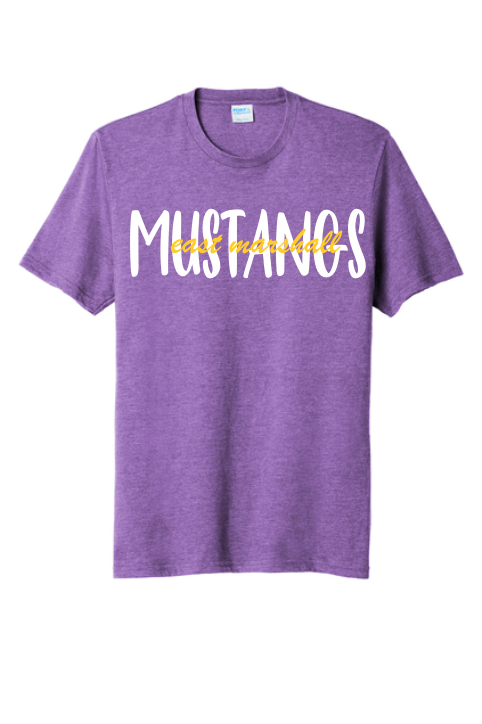 A purple heathered t-shirt with the word 