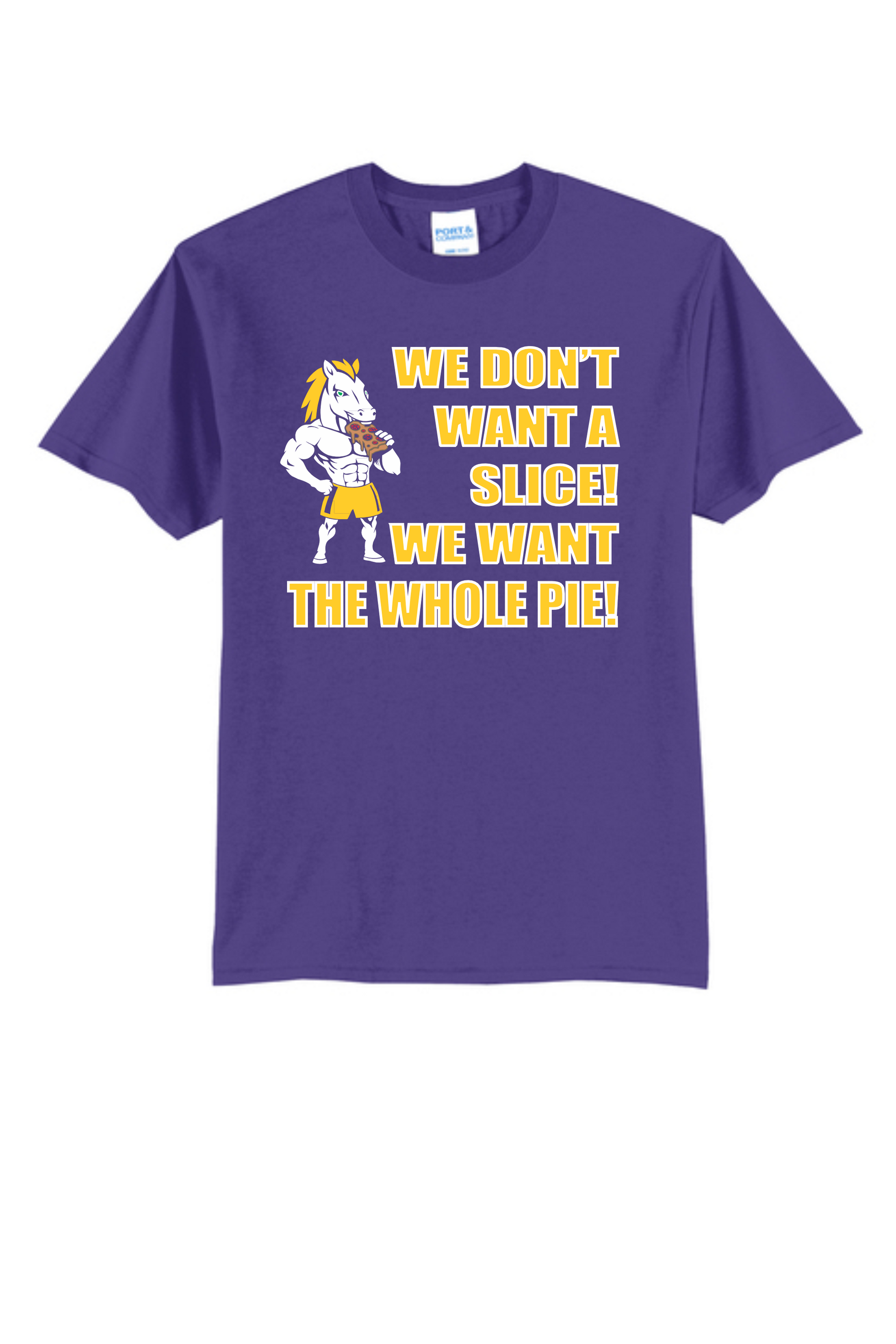 A purple T-shirt with a muscular horse mascot eating pie and the yellow text 