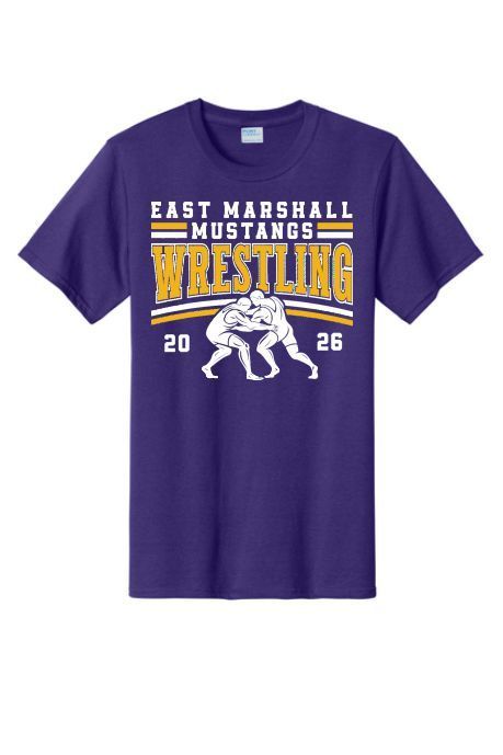 Purple East Marshall Mustangs wrestling t-shirt with a white illustration of two wrestlers and the text 