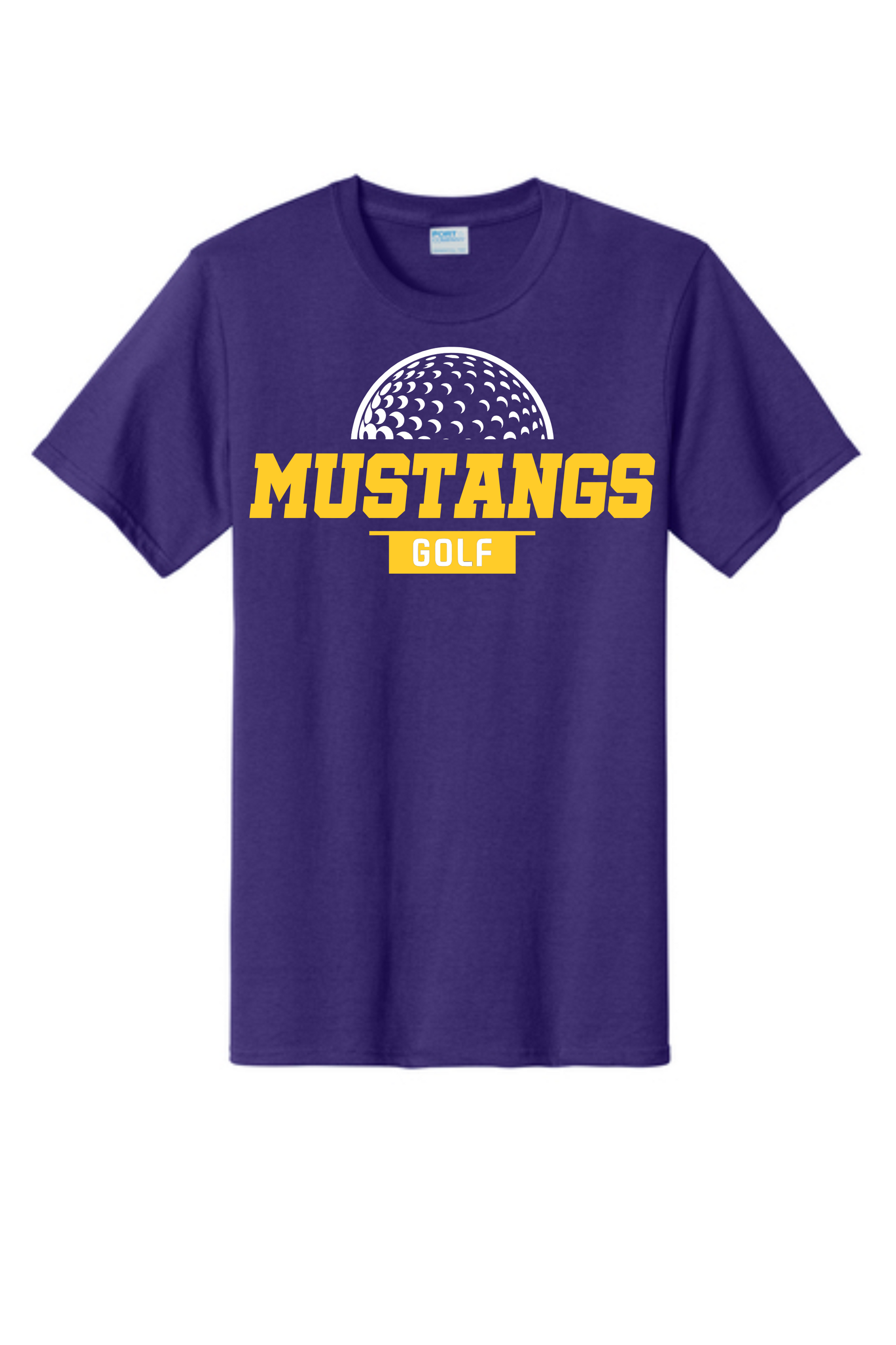 Purple T-shirt with a white golf ball graphic above the yellow text 